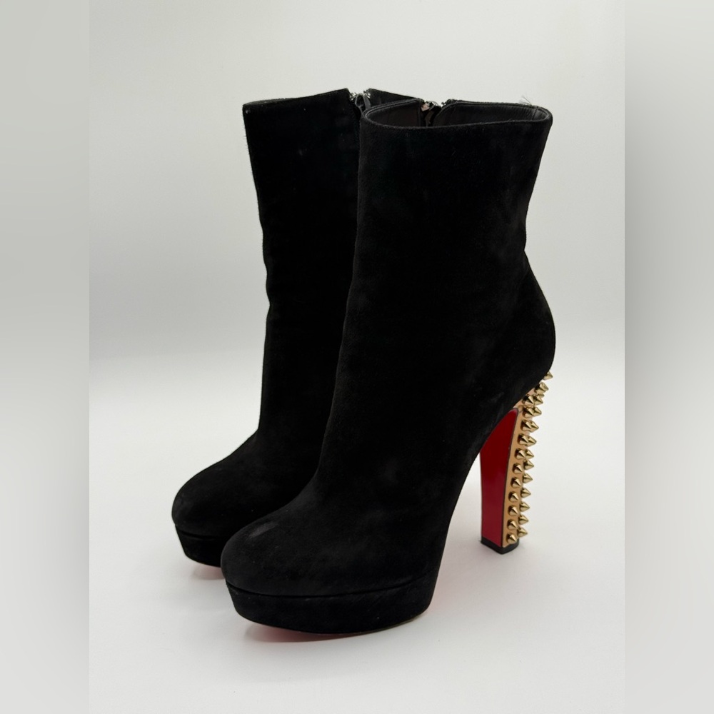 Christian Louboutin Black Suede Studded Heel Taclou Ankle Boots Size 37.5 - Picture 5 of 17